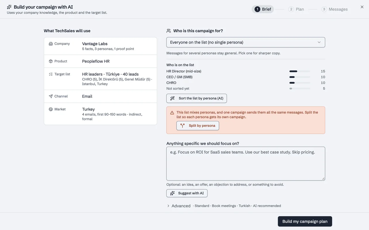 The Campaign Builder brief: company, product, target list, channel and the Turkey market (4 emails, first 90-150 words, indirect, formal), with a prompt to split a list that mixes personas