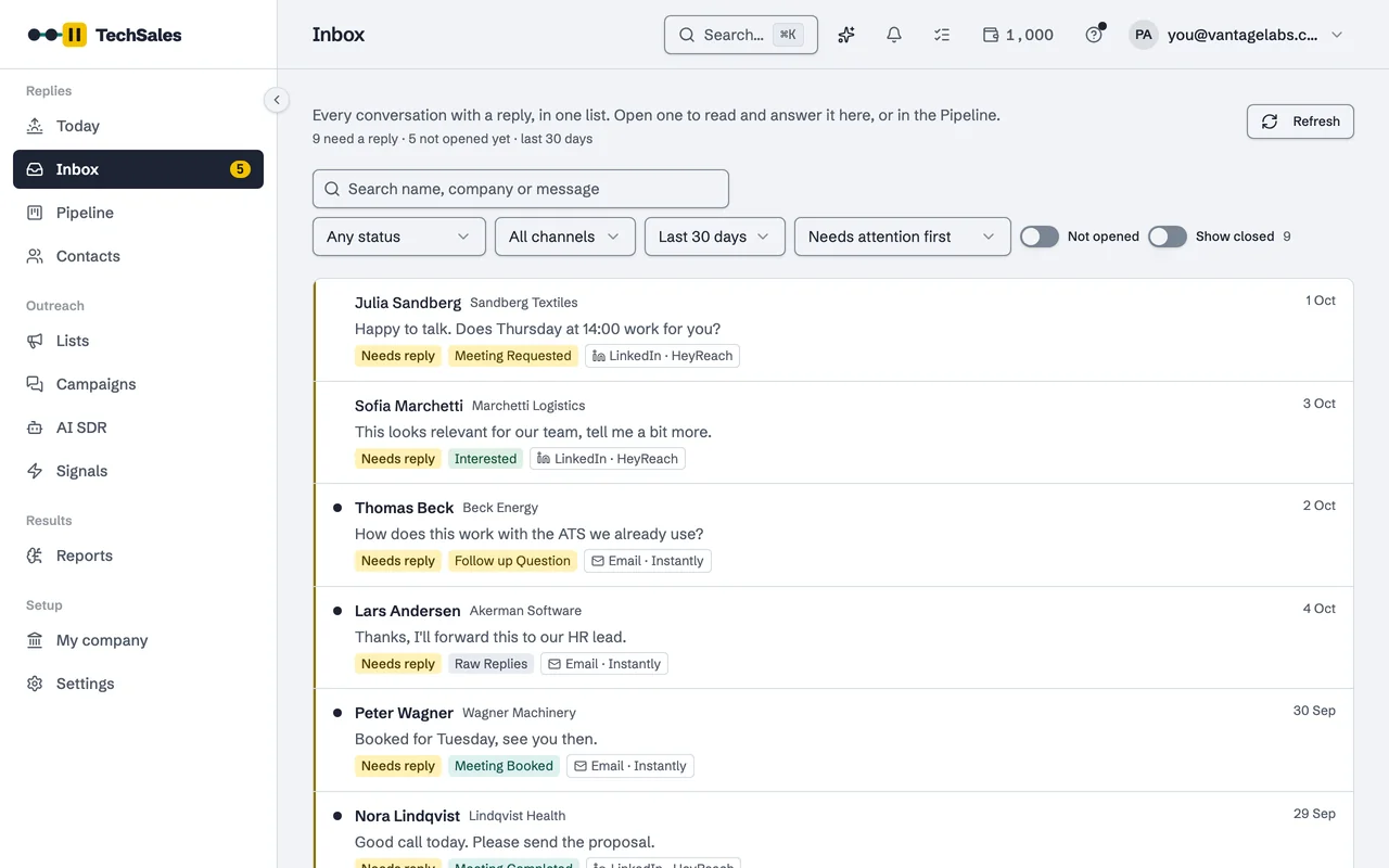 Gelen Kutusu: HeyReach üzerinden LinkedIn ve Instantly üzerinden e-posta yanıtları; her birinde yanıt bekliyor rozeti ve Görüşme Talebi ya da İlgilenen gibi bir aşama