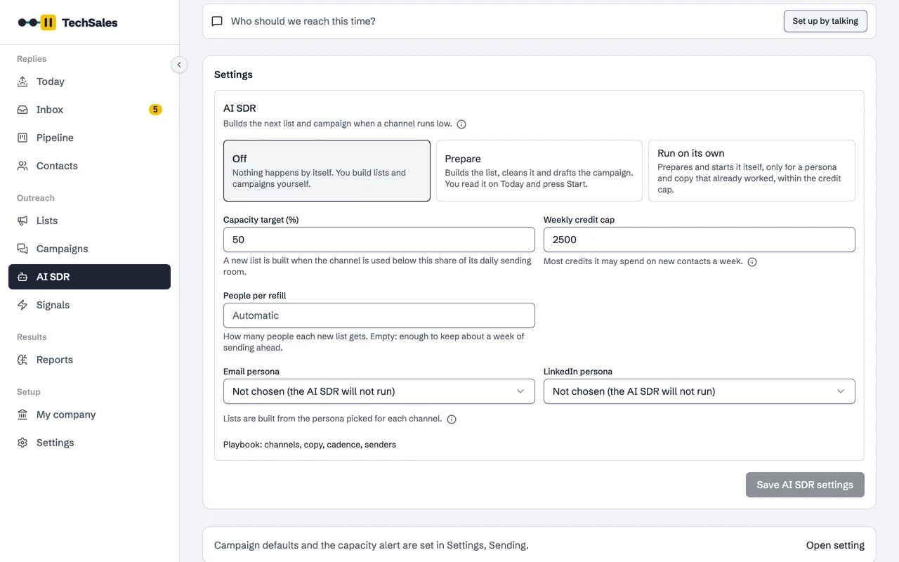 The AI SDR settings: Off, Prepare or Run on its own, a 50 percent capacity target, a 2,500 weekly credit cap and a persona per channel